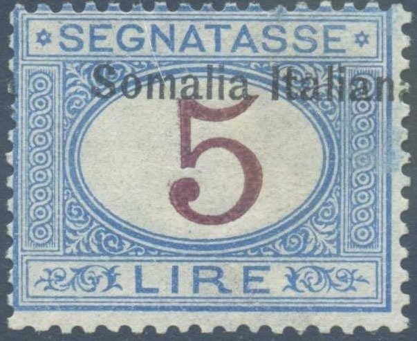 Somalia Italiană 1909 - 5 lire timbru poștal cu supratipărire mutat la dreapta. Certificat. - Sassone N. 21c