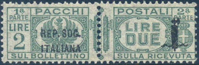 義大利 1944 - RSI - 郵政包裹，2 里拉，套印 36 毫米。證書。 - Sassone P43a