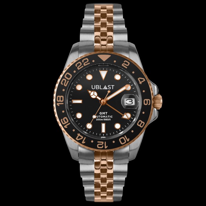 Preview of the first image of Ublast - Diver GMT - Steel & Rose Gold Plated - Jubilee Strap - UBDGMJ40BGB - Sub 200M - Men - New.
