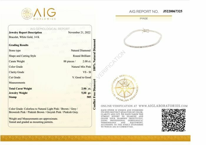 Image 3 of No Reserve Price - 14 kt. White gold - Bracelet - 2.00 ct Diamond