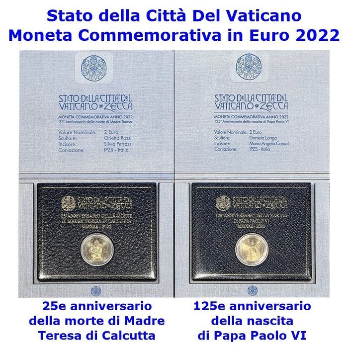 Vatican. 2 Euro 2022 "Madre Teresa" + "Paolo VI" (2 monnaies)  (Sans Prix de Réserve)