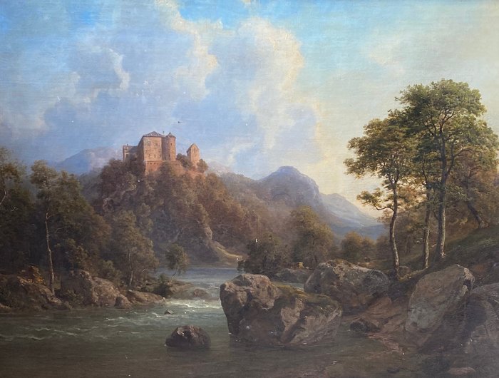Preview of the first image of Georg Emil Libert (1820-1908), Attributed to - Paesaggio Tirolese con Castello Fiume e Viandanti.