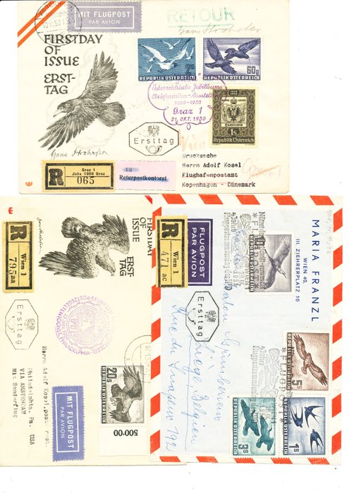 Oostenrijk 1950/1953 - 3 luchtpostbrieven - Flugpost Heimische Vögel