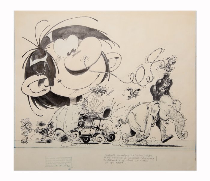 Franquin, André - Grand dessin original - Pochette disque 33T - Gaston Lagaffe avec le Marsupilami et son petit monde - (1978)