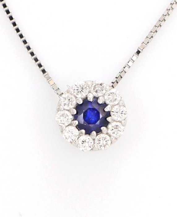 Preview of the first image of No Reserve Price - 18 kt. White gold - Necklace with pendant - 0.07 ct Diamond - Sapphires.