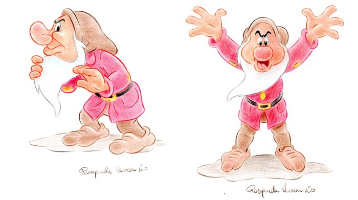 Preview of the first image of Grumpy - 2 Signed Coloured Disney Merchandising Drawings by Pasquale Venanzio - Loose page.