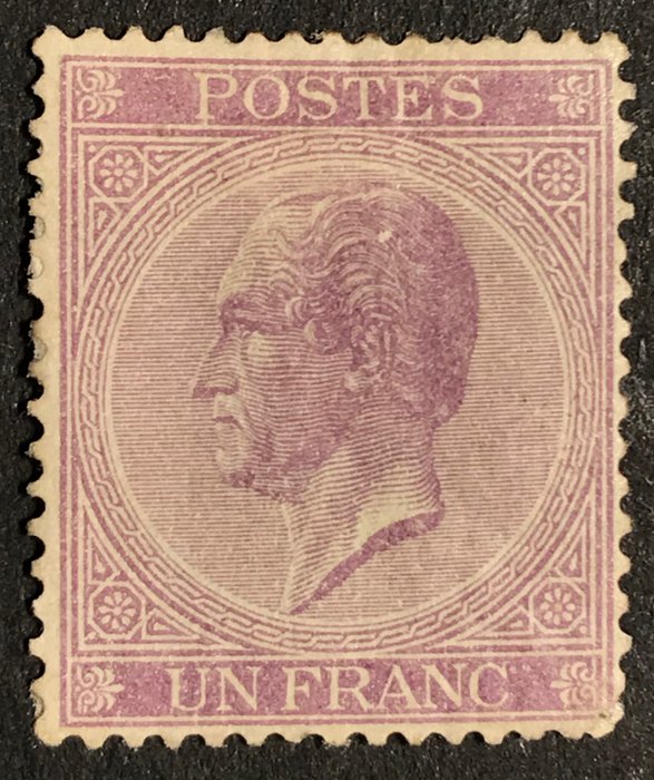 Belgia 1865/1866 - Leopold II profiilirei'itettynä 15 x 15 - 1fr Lila - Kaunis keskus - OBP 21A