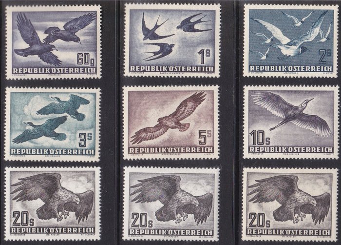 Austria 1950/1953 - With all 20-shilling stamps - Flugpost Heimische Vögel