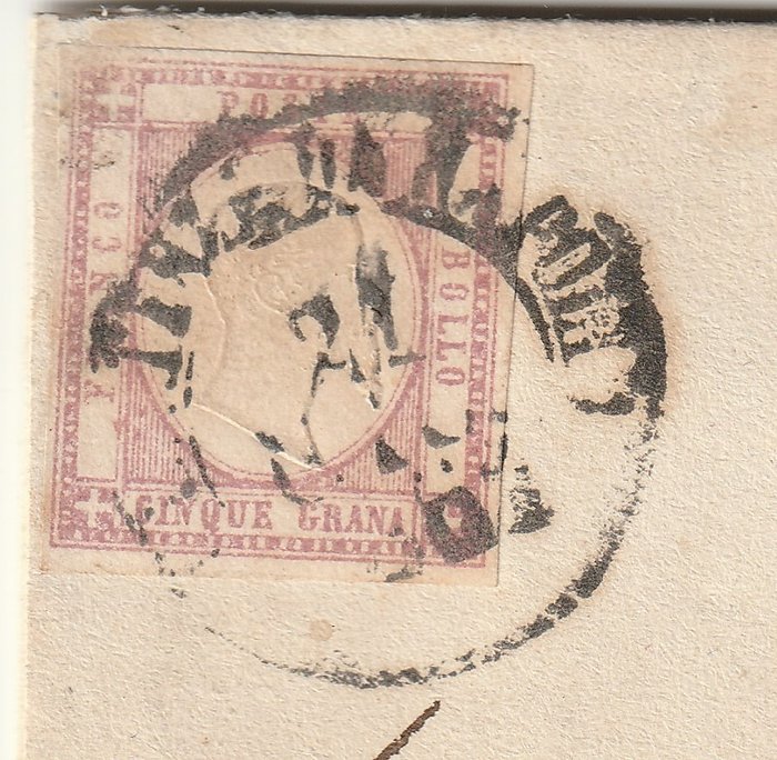 Image 2 of Italian Ancient States - Naples 1861 - 5 gr. lilla ben marginato su fresca sovracoperta da Napoli x