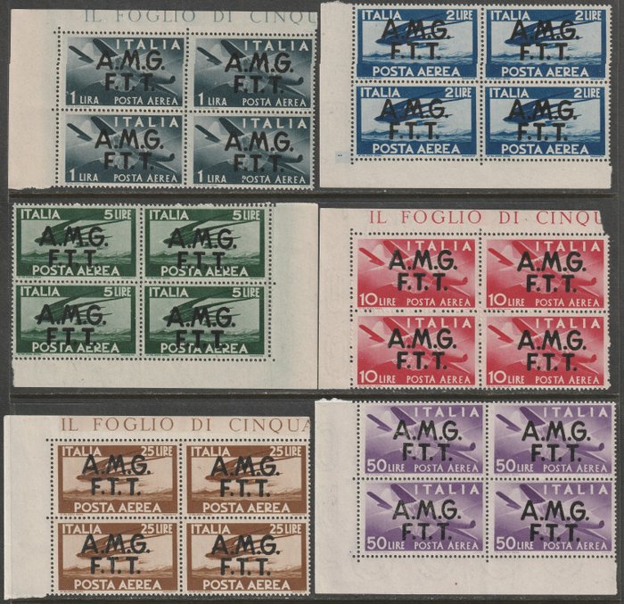 Triest - Zona A 1947 - Airmail Watermark Wheel Overprint pe 2 linii Set complet complet în Quartlets Adf rare - Sassone n.1/6