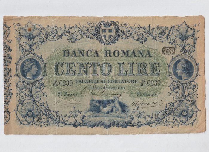 Italie - Banca Romana - 100 Lire 1872 - Gigante BR 8A, Pick S799, Gavello 121, Crapanzano-Giulianini BRO8