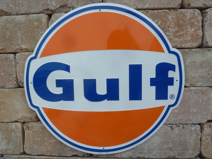 廣告牌 - GULF 錫標誌 60 公分勒芒賽車 60 年代標誌 汽油服務標誌 加油站油氣標誌 - 鋁