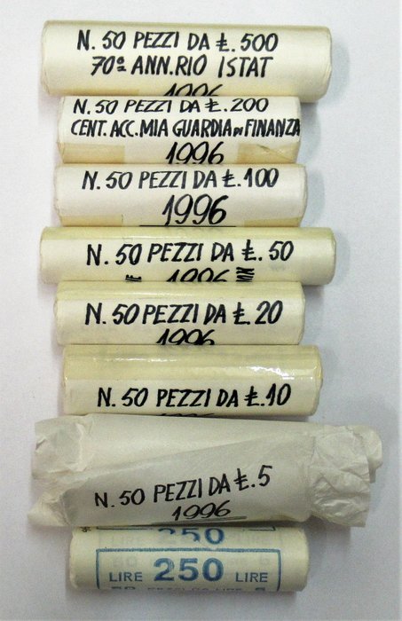 Italy, Italian Republic. Annata 1996 in rotolini originali da 5 a 500 lire (7 pezzi)
