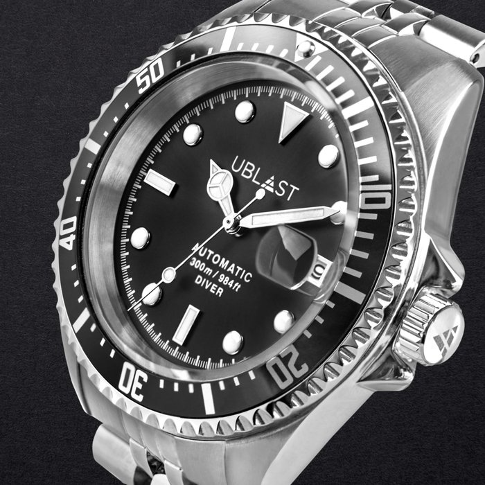 Preview of the first image of Ublast - " NO RESERVE PRICE " Diver 30 ATM Black - UB3D4411BK - Jubilee Straps - Men - New.