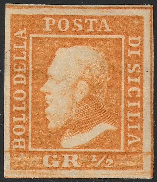 Italian Ancient States - Sicily 1859 - 1/2 gr. orange 1st plate airmail with good margins, pos. 17, mint with full gum, rare, with - Sassone n.1