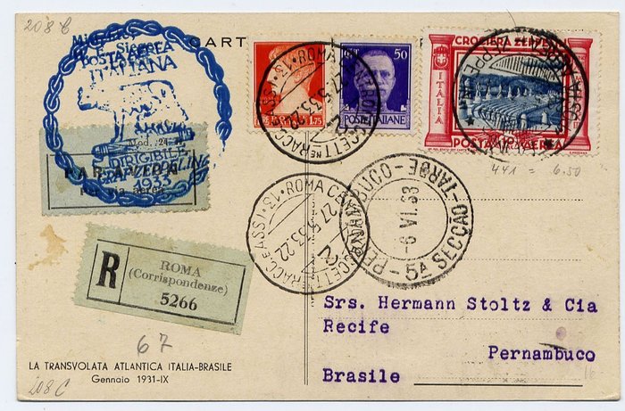 Royaume d’Italie 1933 - Zeppelin LZ 127 - 2° SAF Südamerikafahrt – Second Southamerica Flight : Italienfahrt : card  10 lire - Longhi 527