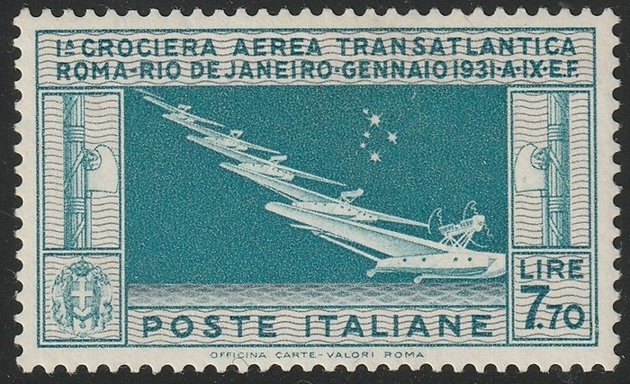 Italy Kingdom 1930 - Airmail Balbo cruise, 7.70 l. sky blue and grey, intact, centred and rare, luxury, certified - Sassone n.25