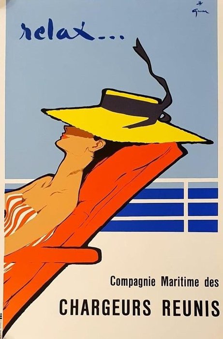 René Gruau - Relax - Compagnie Maritime des Chargeurs Reunis Manifesto in serigrafia