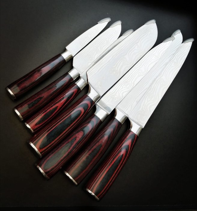 Shinrai Japan™ - 7 Piece professional knives set - Pakka wood - Damascus - Evőeszközkészlet (7) - Acél (rozsdamentes), Fa