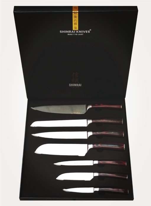 Shinrai Japan™ - 7 Piece professional knives set - Pakka wood - Damascus - 餐具套裝 (7) - 木, 鋼（不銹鋼）