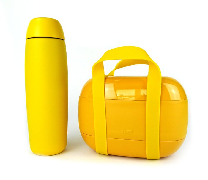 Alessi - Sakura Adachi - Dinner set (2) - ''Food a Porter'' - Box in thermoplastic resin. Bottle in colored 18/10 stainless steel, yellow and thermoplastic resin