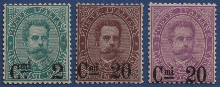 Königreich Italien 1890/1891 - 3 values of 1879 with overprint, 2 c. on 5 c., 20 c. on 30 c., 20 c. on 50 c. - Sassone N. 56/58