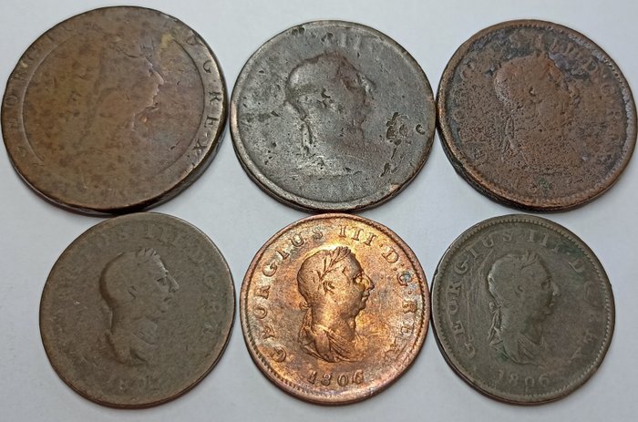 Royaume-Uni. George III (1760-1820). Lot de 6 monnaies, 1797/1807