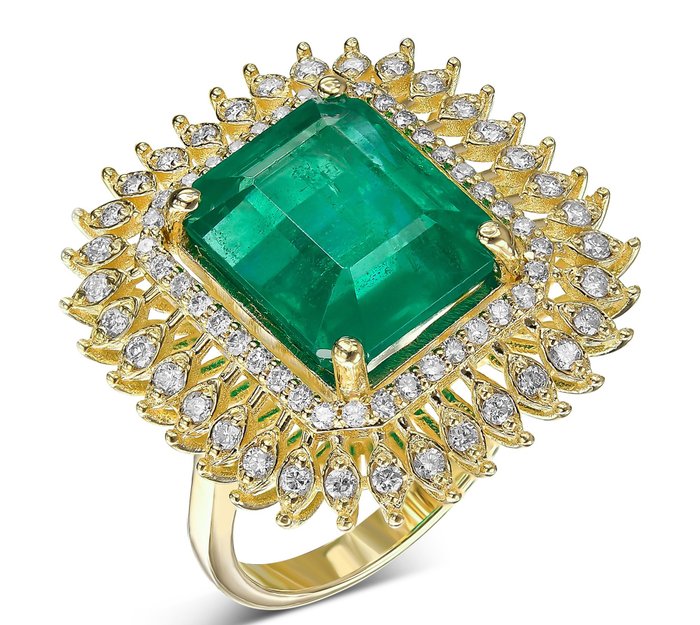 6.40 Carat Natural Emerald And 0.60 Ct Diamonds - 14 carati Oro giallo - Anello