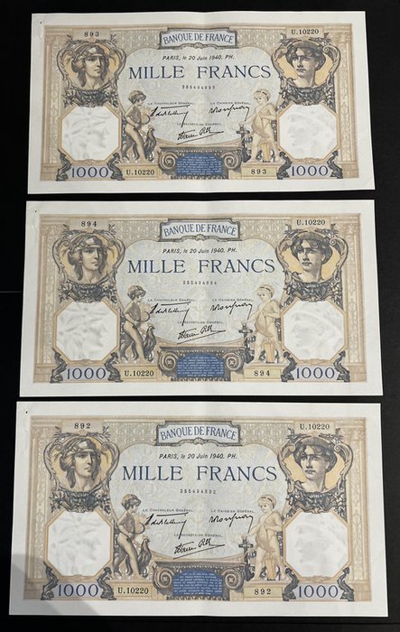 France - Lot de 3 billets - 1000 Francs Cérès et Mercure -20 juin 1940 - numéros consécutifs 892-893-894 - Fayette F.38.49 - Pick 90c
