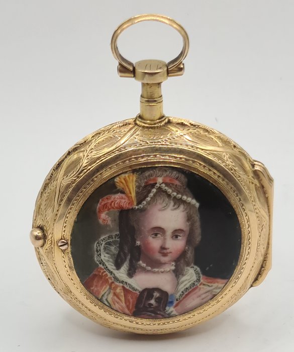 Le Roy Paris - 18Kt. Goldspindeluhr - Emaillemedaillon -  Mädchen mit Hund - Unisex - Frankreich 1760