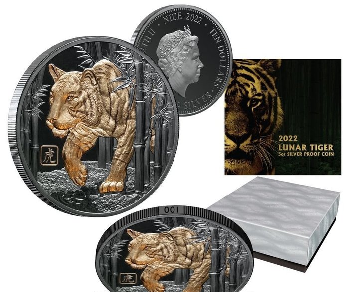 Niue. 10 Dollars 2022 -  Lunar Year of the Tiger - Black Proof - 5 oz with COA and BOX