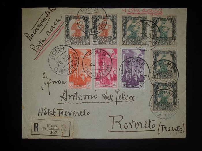 Italienisch-Libya 1932 - Pictorial 5 c. x 4 + 7 1/2 x 2 + Tripolitania airmail 50 c. + 60 c. + 80 c. on registered mail - Sassone Libia n. 23, 103, Tripolitania PA n. 9, 10, 12.