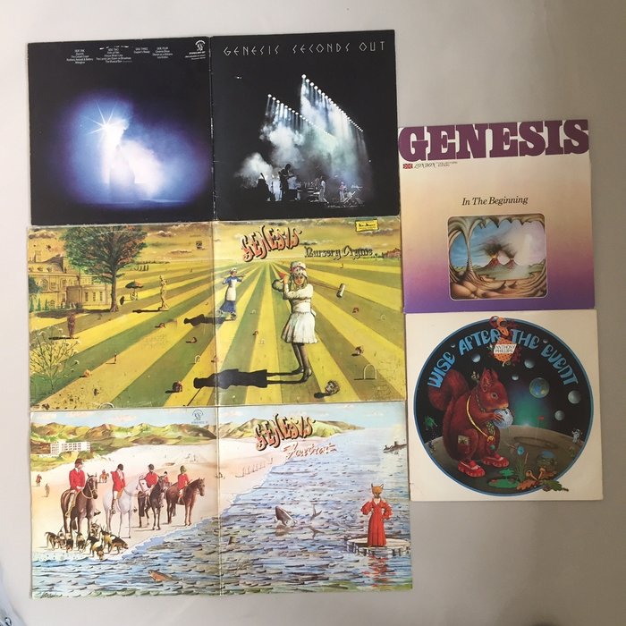 Genesis & Related - In The Beginning / Nursery Cryme / Foxtrot / Seconds Out / Wise After the Event - Différents titres - LP's - Premier pressage stéréo - 1971/1978