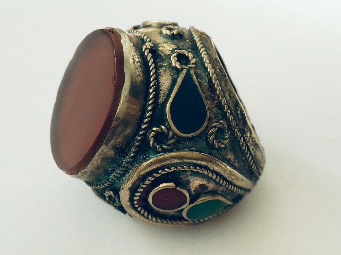 Image 2 of Mixed Silver - Ring - Old coral carnelian ring, lapis lazuli