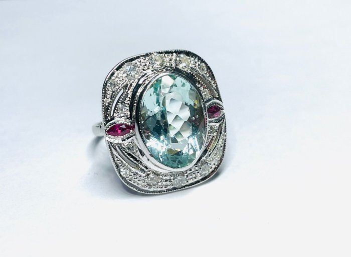 Image 3 of 18 kt. Gold - Ring - 5.90 ct Aquamarine - Diamonds, Rubies