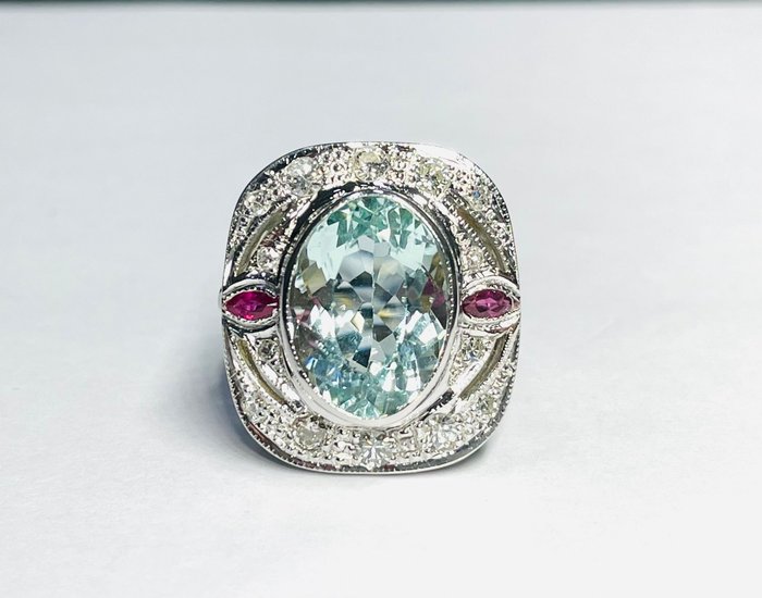 Preview of the first image of 18 kt. Gold - Ring - 5.90 ct Aquamarine - Diamonds, Rubies.