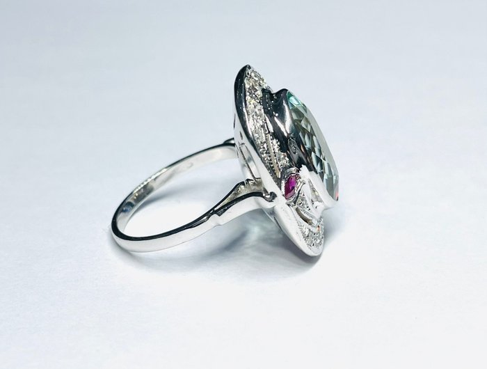 Image 2 of 18 kt. Gold - Ring - 5.90 ct Aquamarine - Diamonds, Rubies