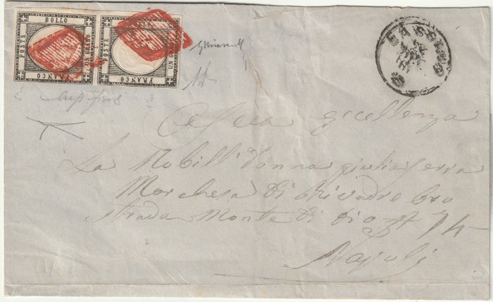 Provinces napolitaines 1861 - 1 gr. pair on cover from Cassano, cancelled on arrival in Naples, red grid, great certified rarity - Sassone n.19