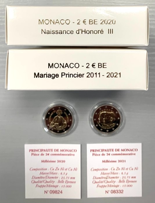 摩纳哥. 2 Euro 2020/2021 "Honoré III" + "Mariage Princier" (2 monnaies) Proof