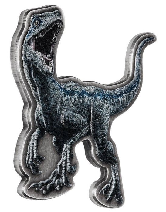 Niue. 5 Dollars 2021 Jurassic World Silver Antiqued Velociraptor Shaped Coin - 2 oz