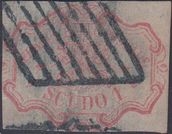 Anciens états italiens - États pontificaux 1852 - I emissione 1 scudo carminio, usato con annullo originale. - Sassone N. 11