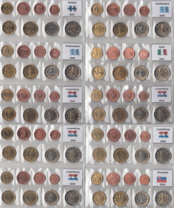 Europe. 1 cent t/m 2 euro 2002/2009 Jaarseries Finland t/m Slowakije (10 verschillende UNC series)