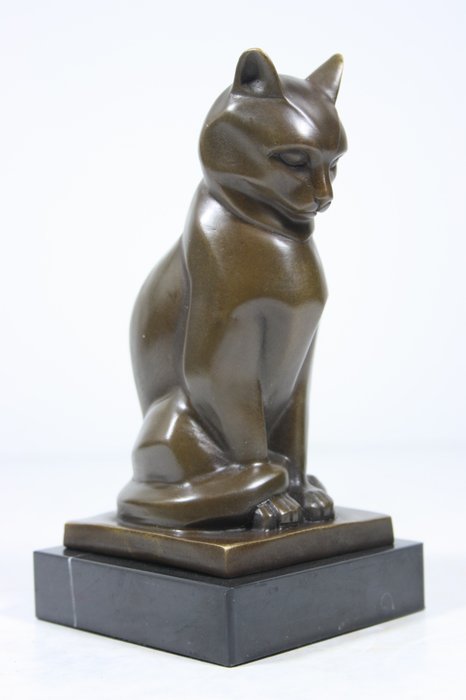 Szobor, Bronze sculpture "Staring Cat" in Art Deco Style - 16.5 cm - Bronz, Márvány