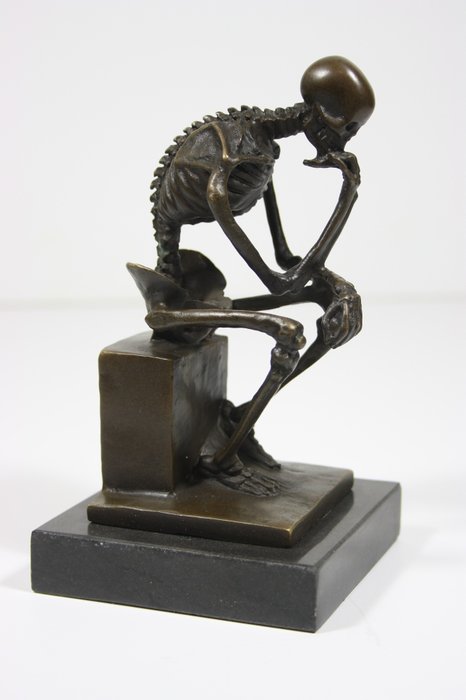Skulptur, "Denkend Gothic Skelet" - 15 cm - Bronze, Marmor
