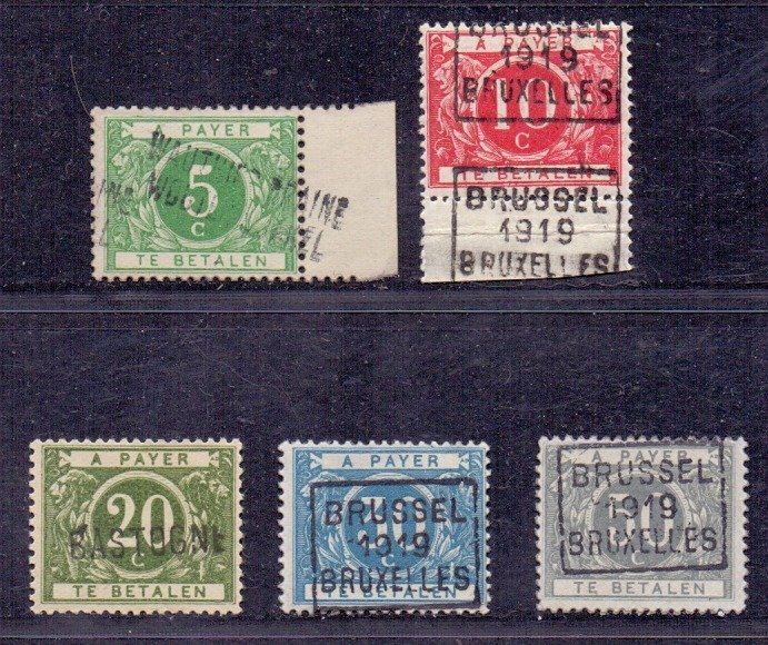 Belgien 1919 - Surcharge postage due stamps: 1916 type with an overprint by the issuing office - OBP/COB TX12A/16A