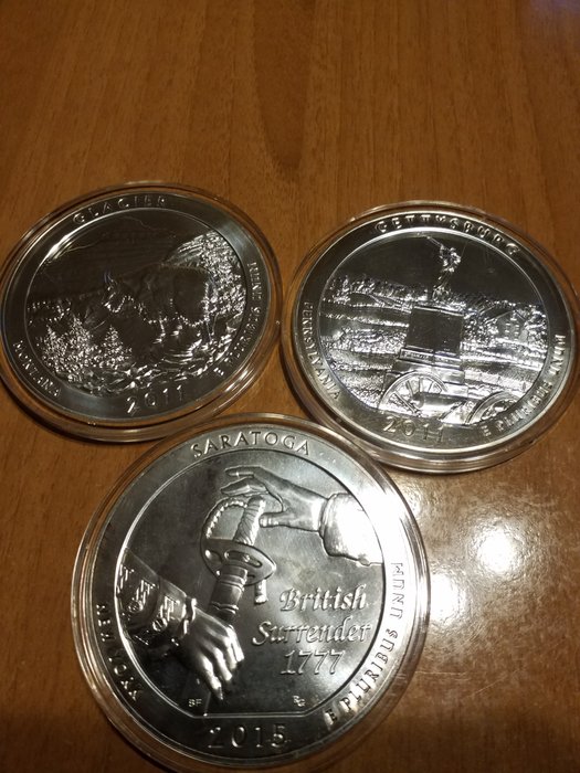 United States. 1/4 Dollar 2011 und 2015 "America the beautiful Quarter" 3x 155,5 gram silver