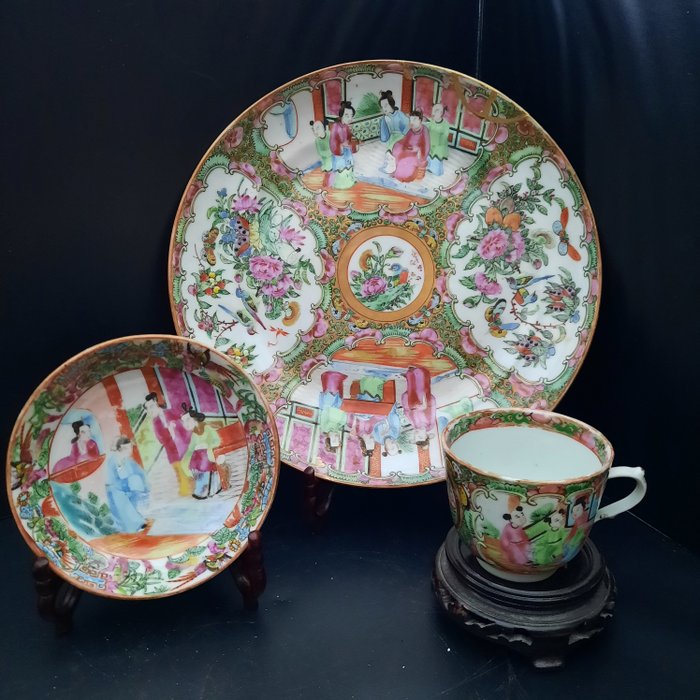 Piattino, Piatto, Tazza (3) - Guangcai - Porcellana - Cina - XIX secolo