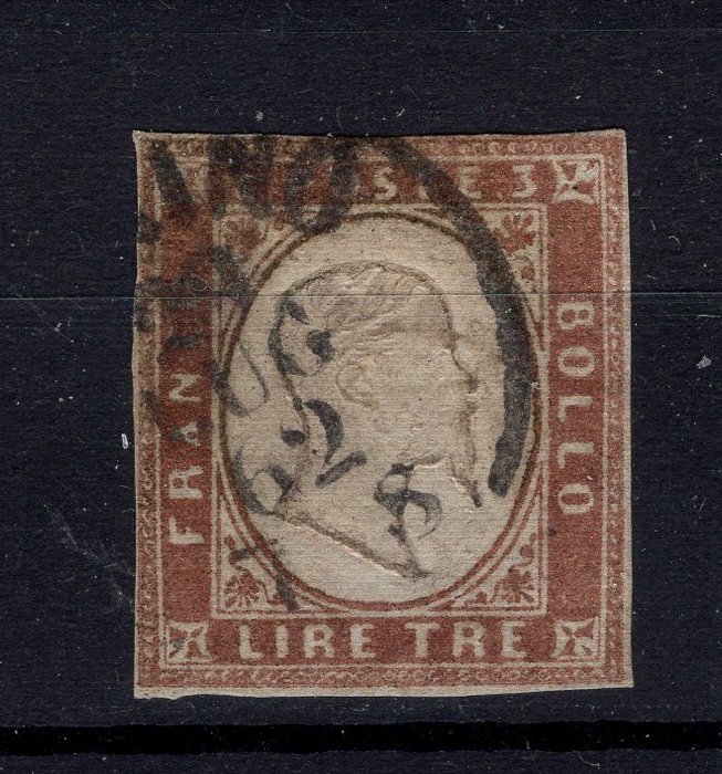 Italiaanse oude staten - Sardinië - 3 lire bright copper with Turin cancellation - Sassone N. 18A