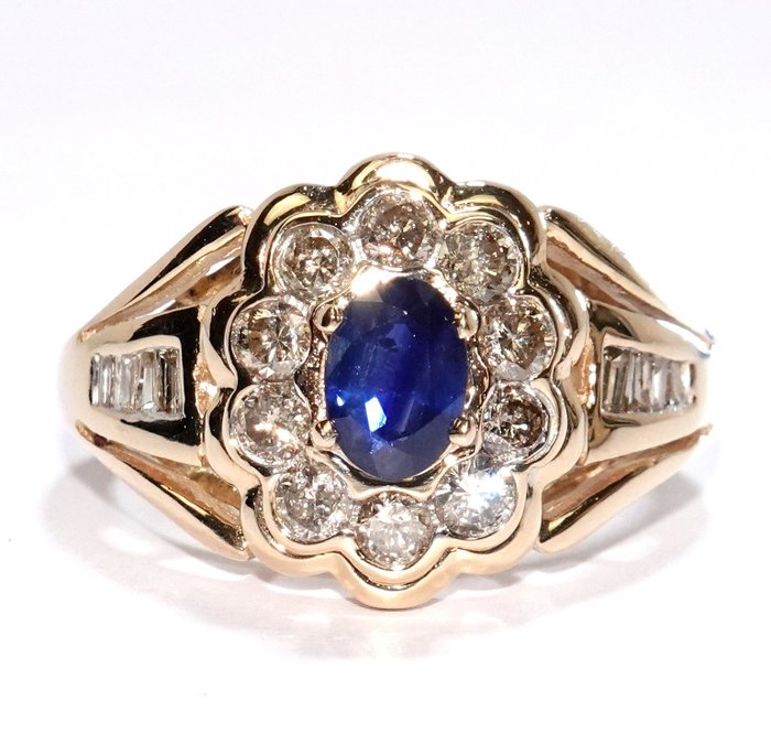 戒指 - 14 克拉 黃金 -  1.25 tw. 藍寶石 - 鉆石 
