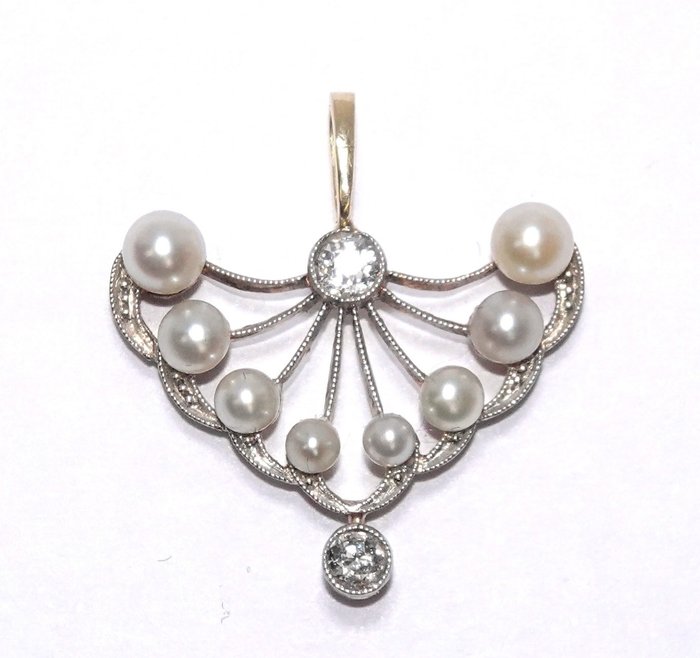 Preview of the first image of 14 kt. White gold, Yellow gold - Pendant - 0.14 ct Diamonds - Pearls.